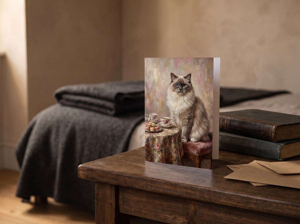 A card standing upright — on a bedside table beside two books