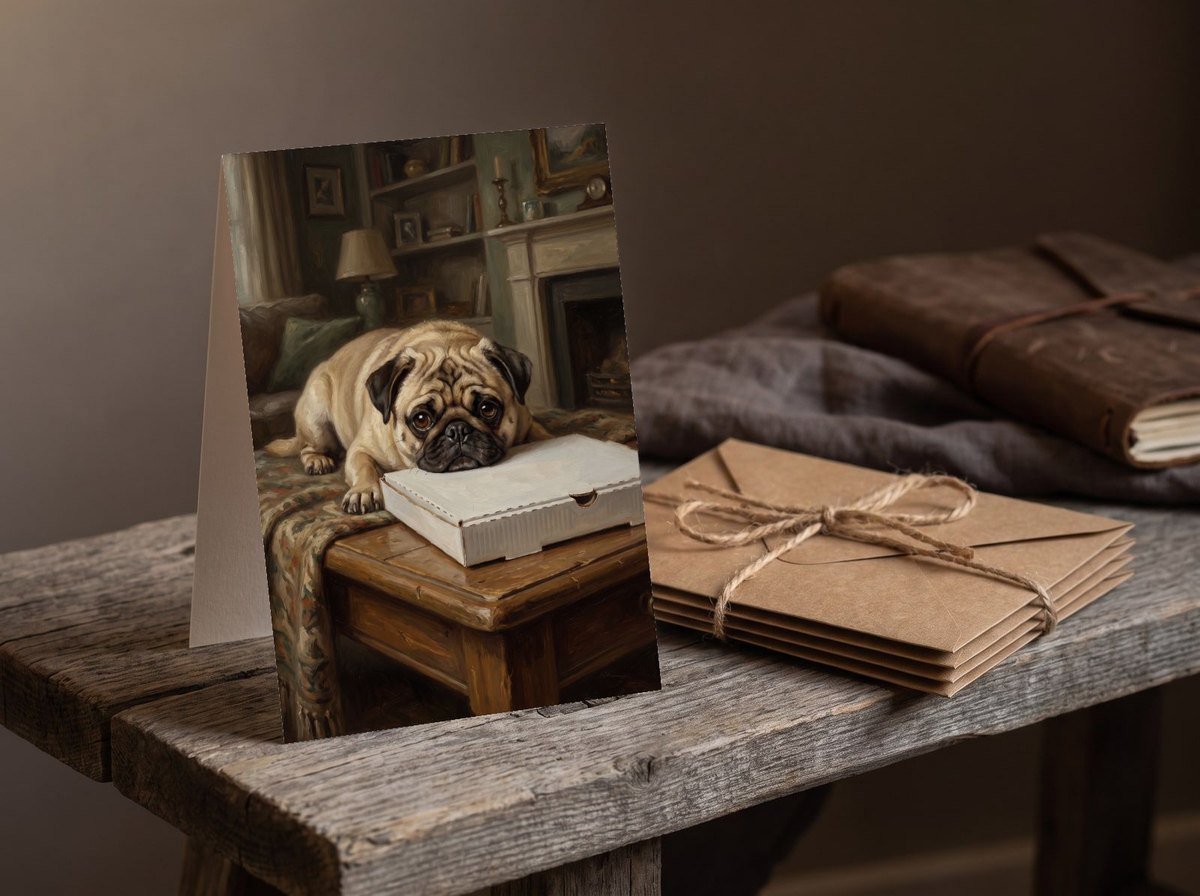 A card standing upright — beside a twine-tied bundle of kraft envelopes on a bench