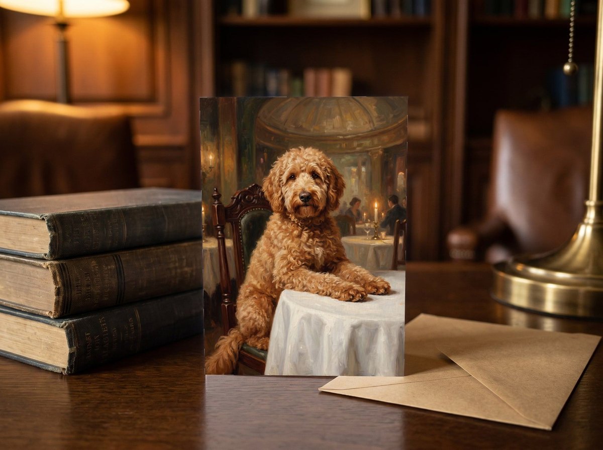 A card standing upright — on a library desk between old books and an envelope
