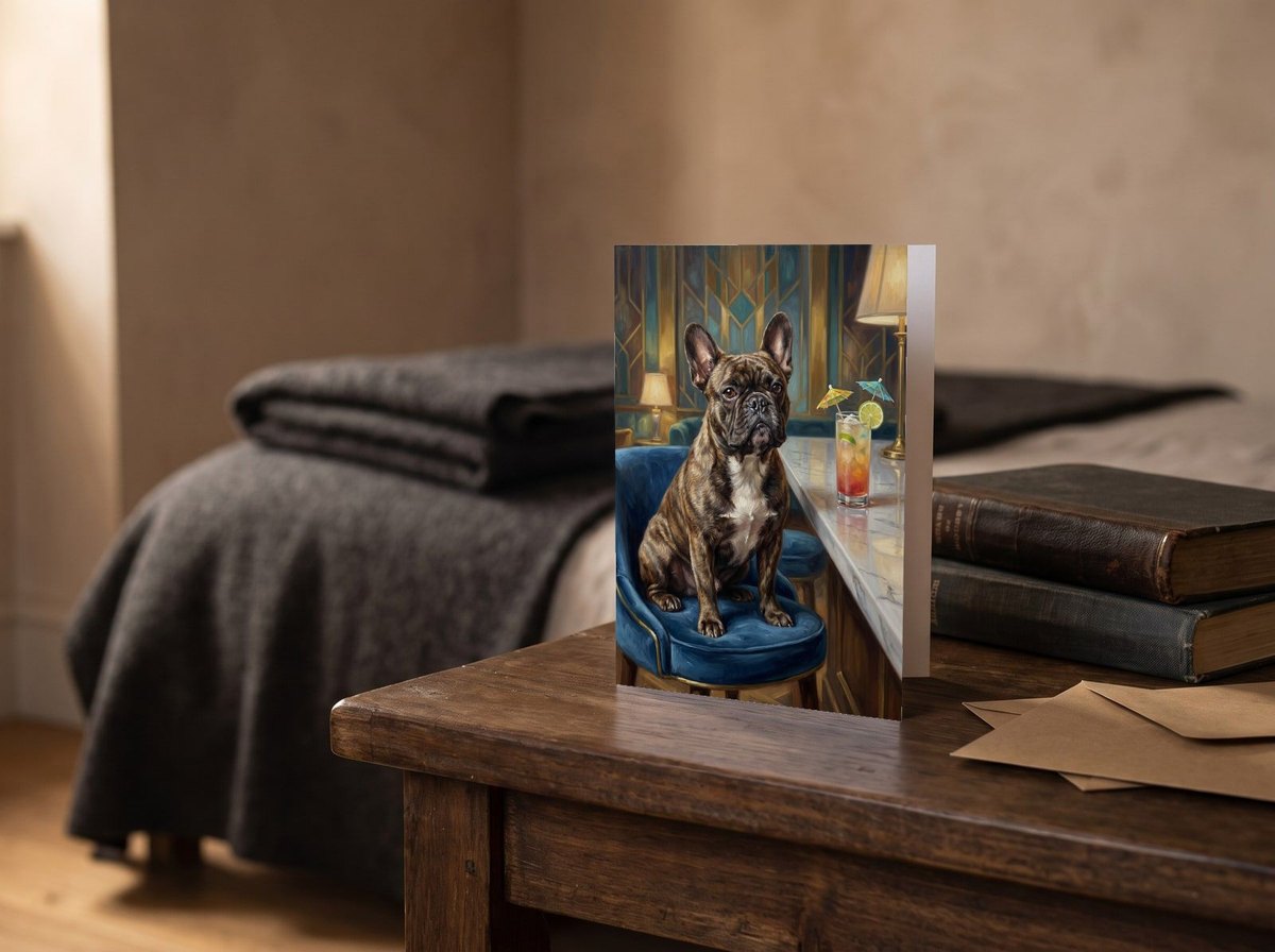A card standing upright — on a bedside table beside two books