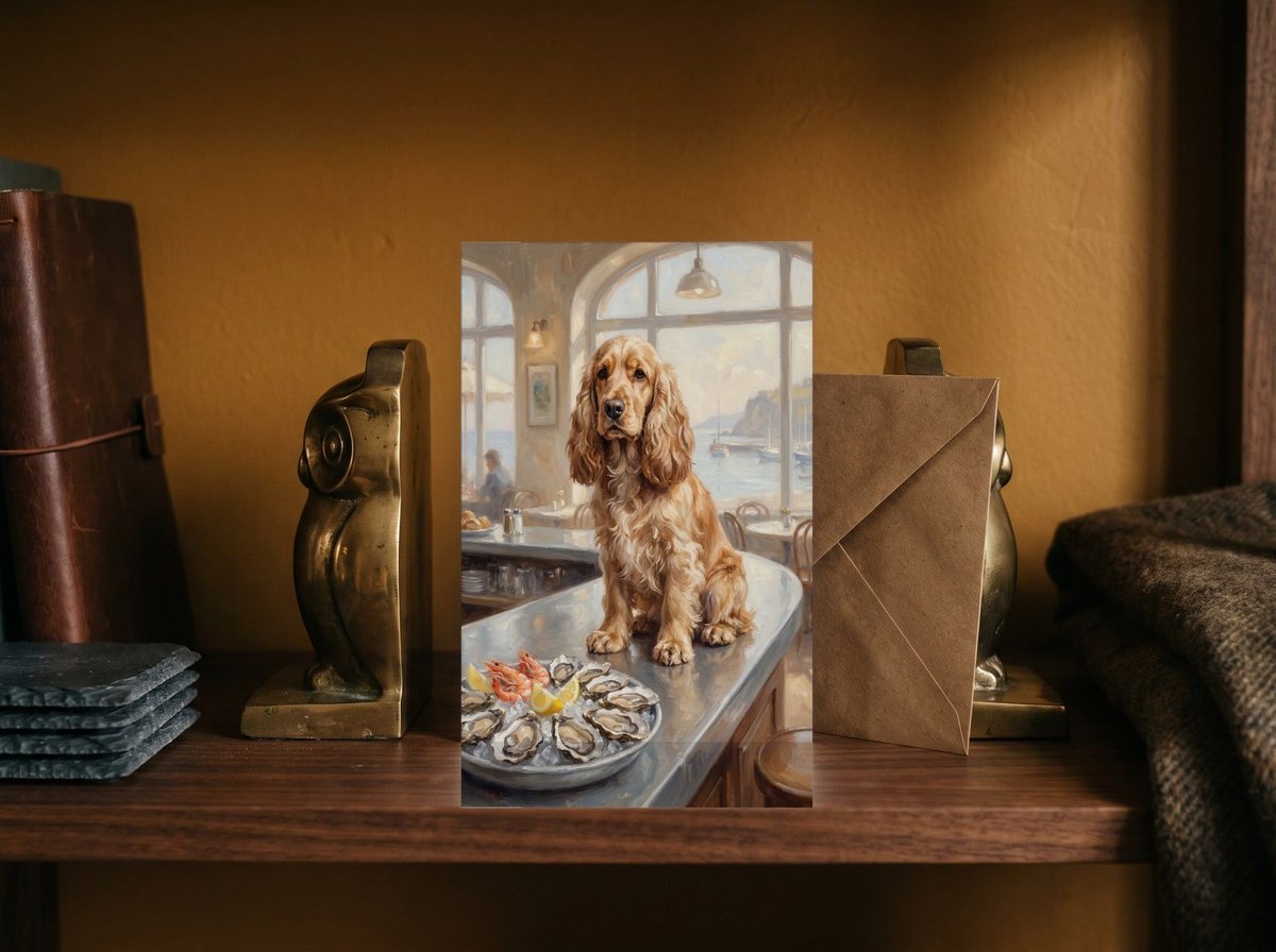 A card standing upright — between brass bookends with an envelope