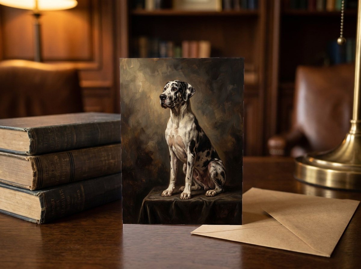 A card standing upright — on a library desk between old books and an envelope