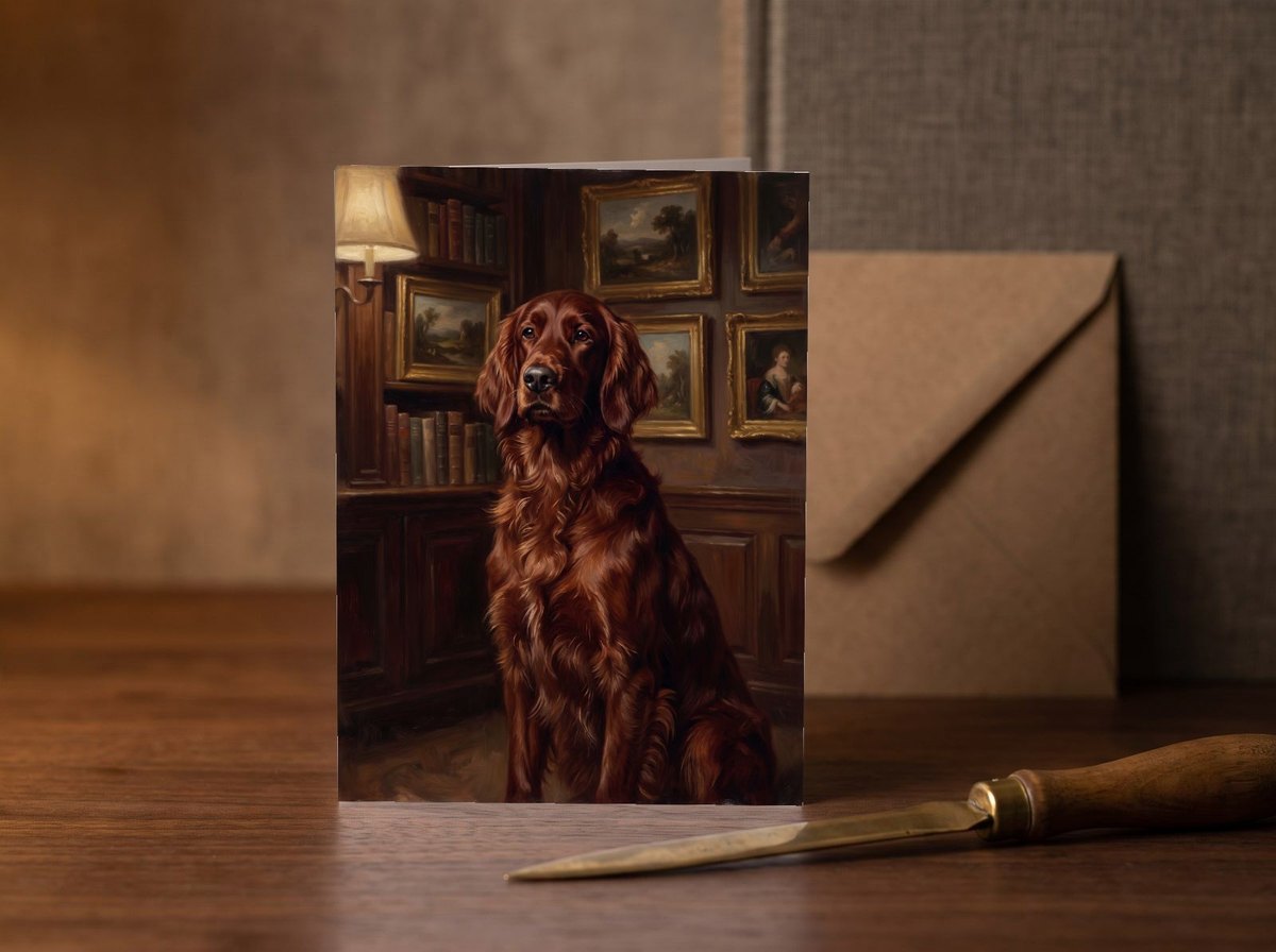 A card standing upright — on a walnut desk with one envelope leaning behind it
