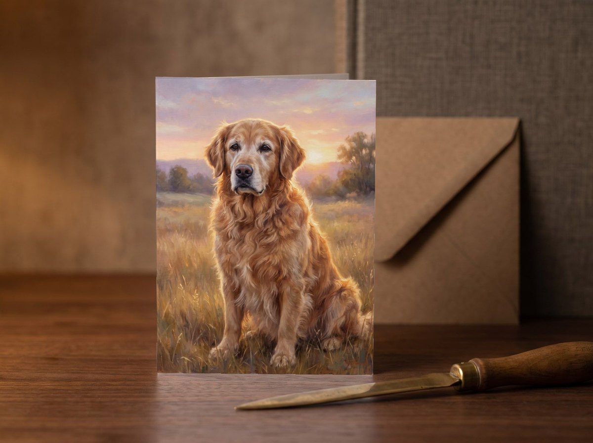A card standing upright — on a walnut desk with one envelope leaning behind it