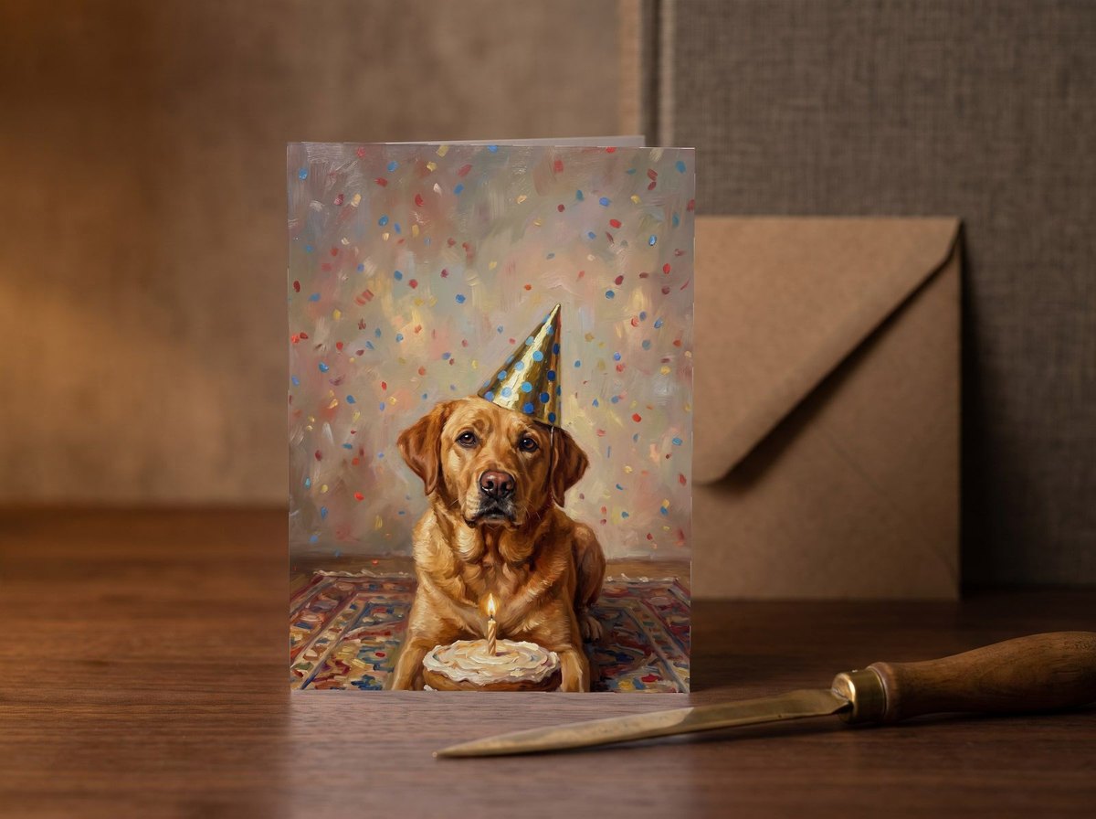 A card standing upright — on a walnut desk with one envelope leaning behind it