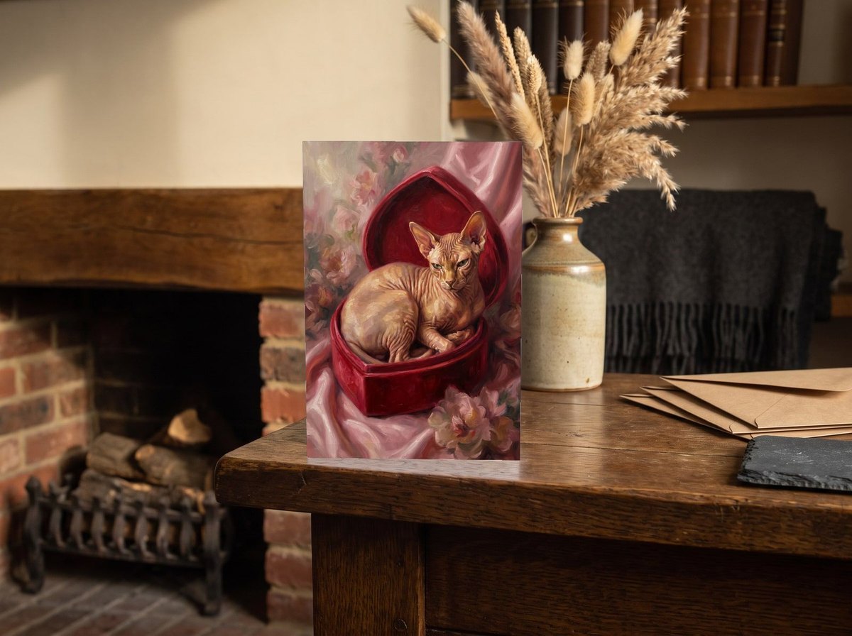 A card standing upright — on an oak mantel beside a vase of dried grasses