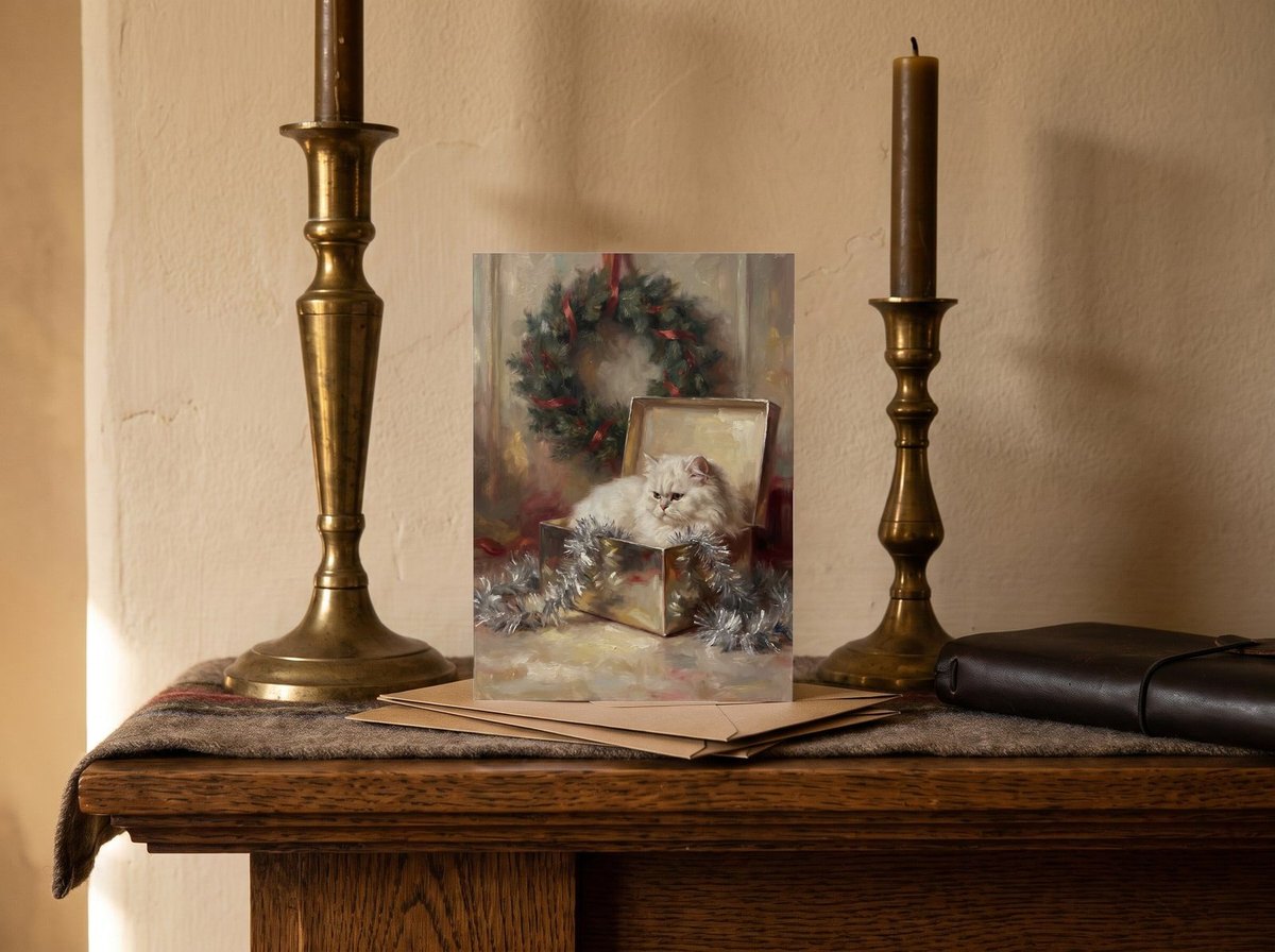 A card standing upright — on a mantel between brass candlesticks