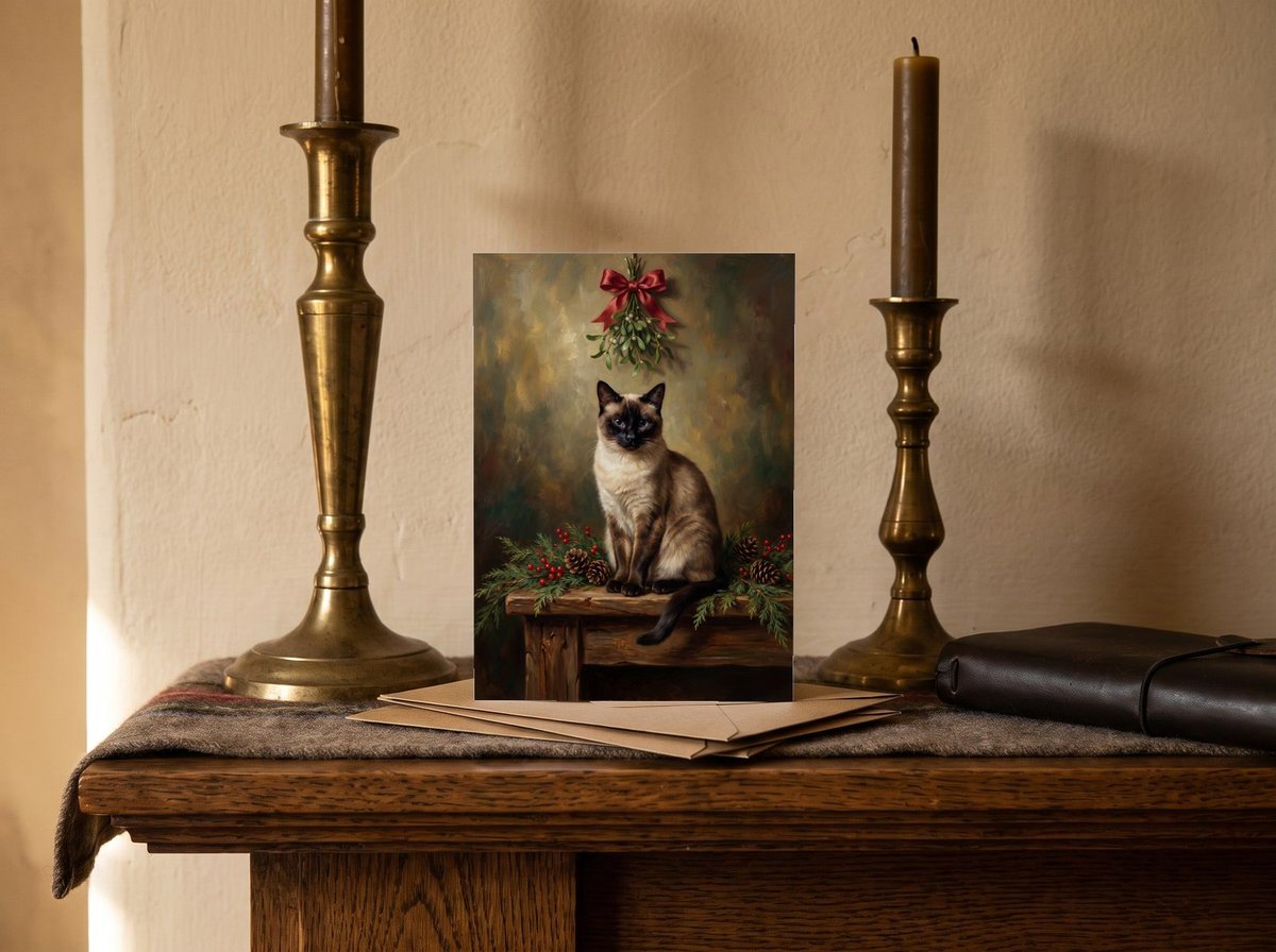 A card standing upright — on a mantel between brass candlesticks