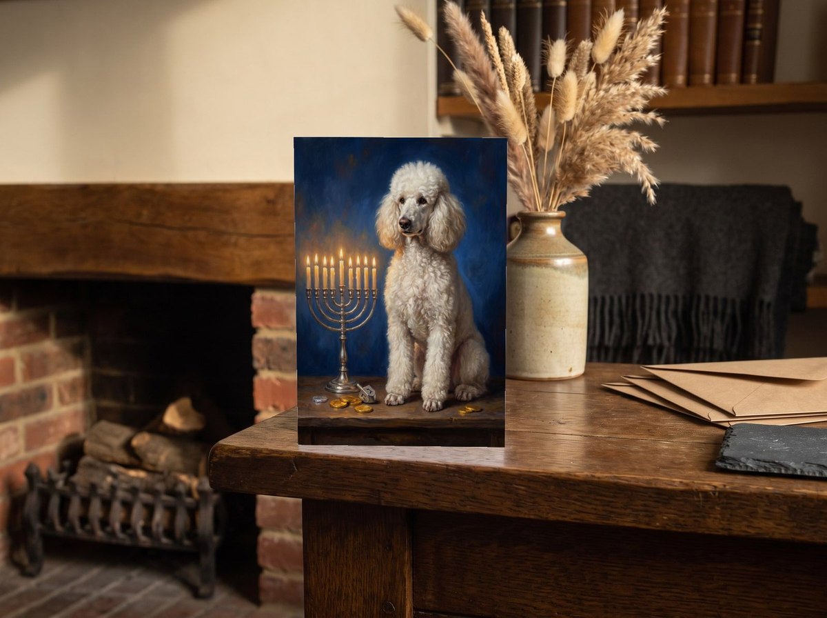 A card standing upright — on an oak mantel beside a vase of dried grasses