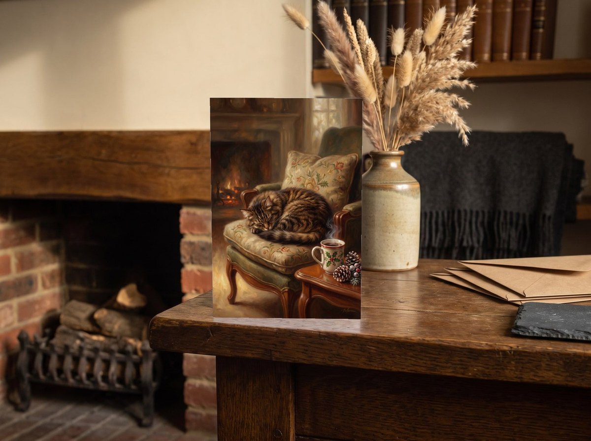 A card standing upright — on an oak mantel beside a vase of dried grasses