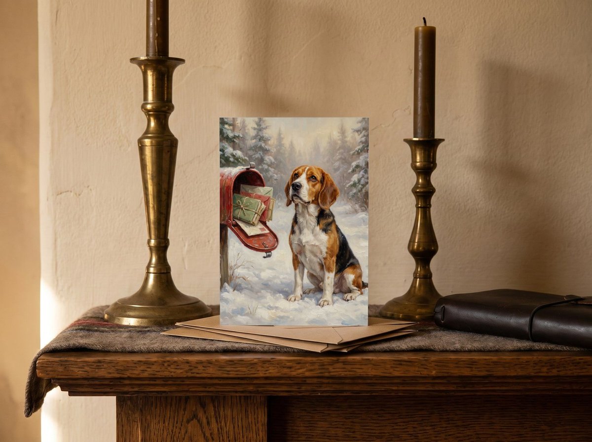 A card standing upright — on a mantel between brass candlesticks