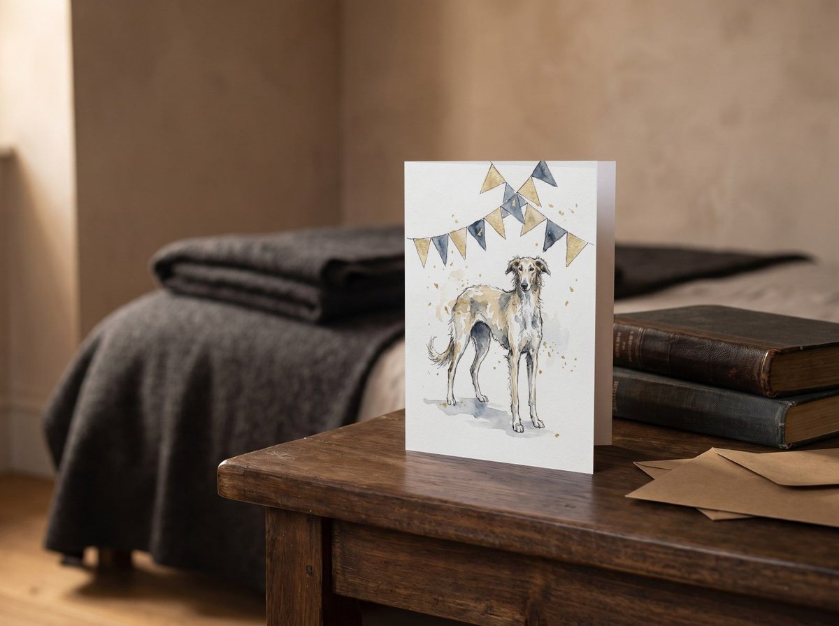 A card standing upright — on a bedside table beside two books