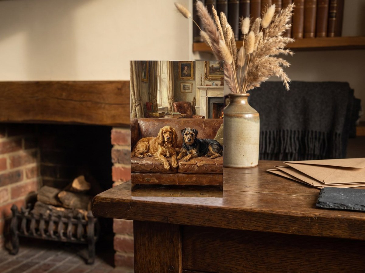 A card standing upright — on an oak mantel beside a vase of dried grasses