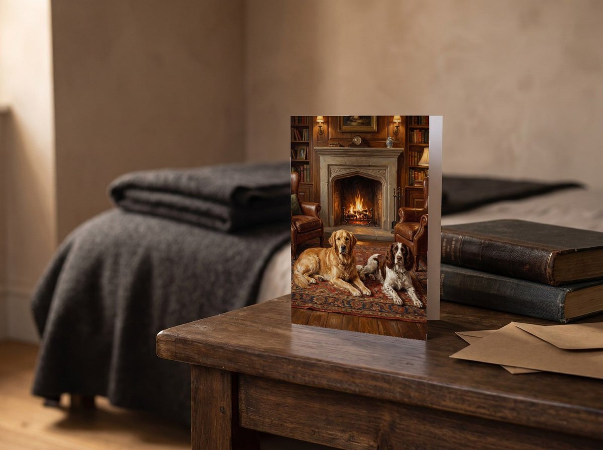 A card standing upright — on a bedside table beside two books