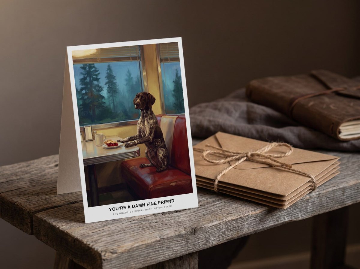 A card standing upright — beside a twine-tied bundle of kraft envelopes on a bench