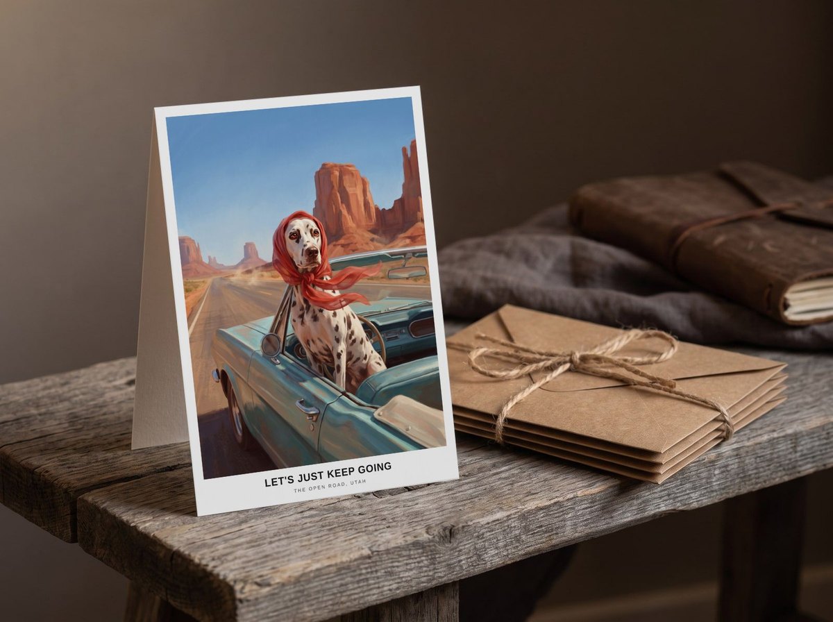 A card standing upright — beside a twine-tied bundle of kraft envelopes on a bench