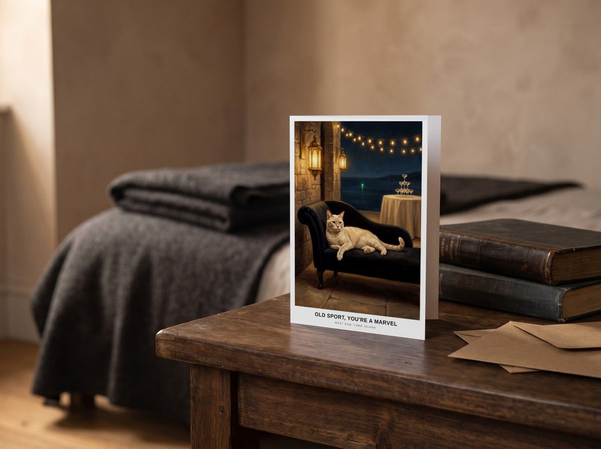 A card standing upright — on a bedside table beside two books
