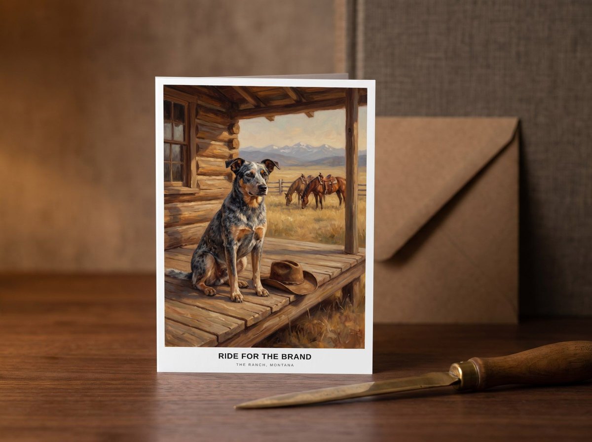 A card standing upright — on a walnut desk with one envelope leaning behind it