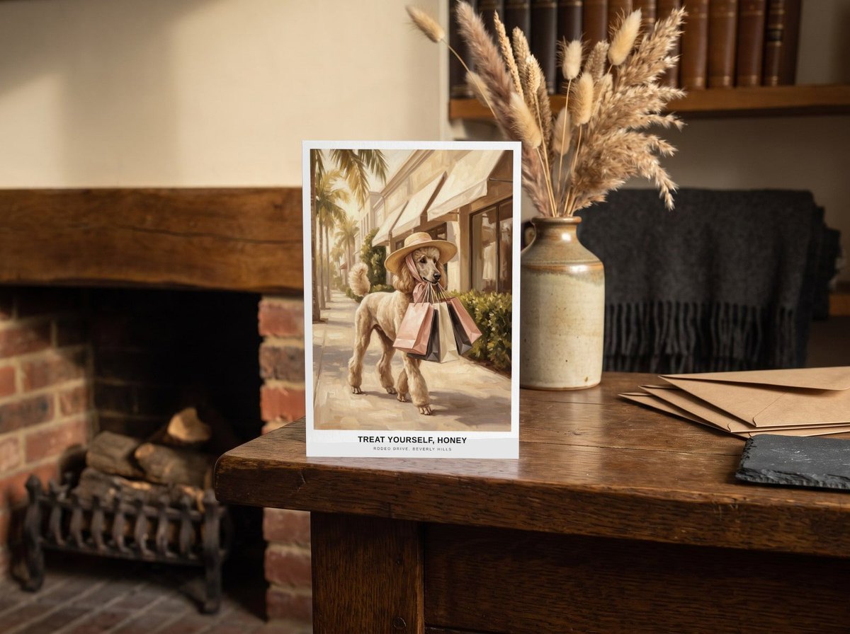 A card standing upright — on an oak mantel beside a vase of dried grasses