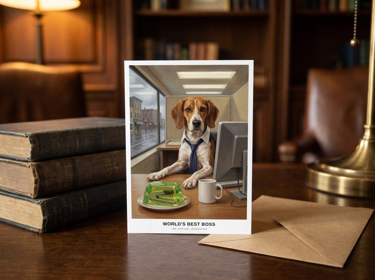A card standing upright — on a library desk between old books and an envelope