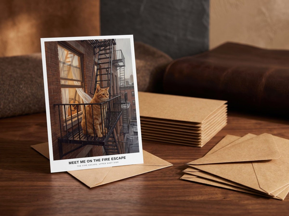 A card standing upright — in front of a stack of matching cards and fanned envelopes