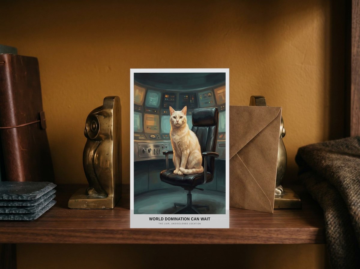 A card standing upright — between brass bookends with an envelope