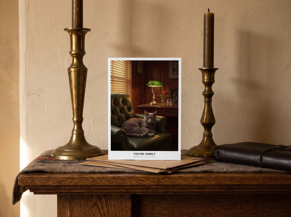 A card standing upright — on a mantel between brass candlesticks