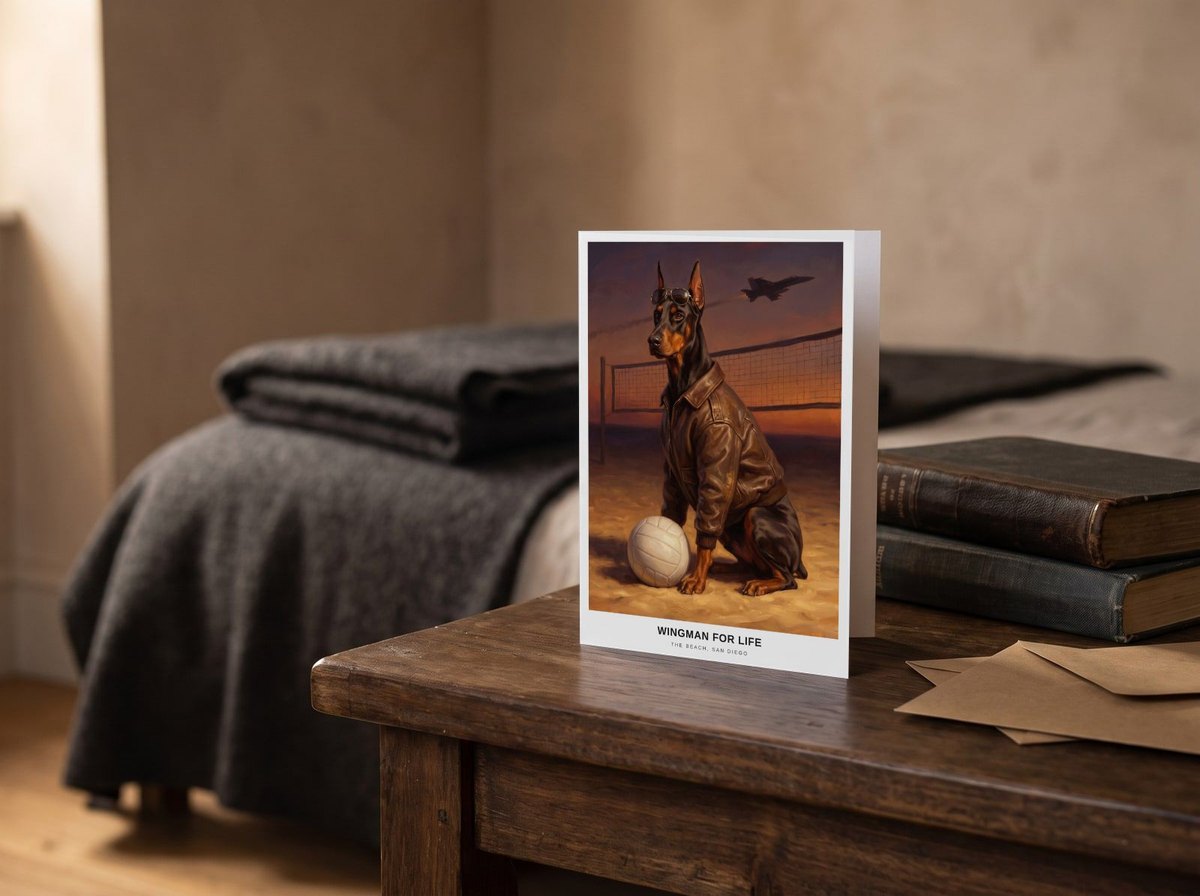 A card standing upright — on a bedside table beside two books