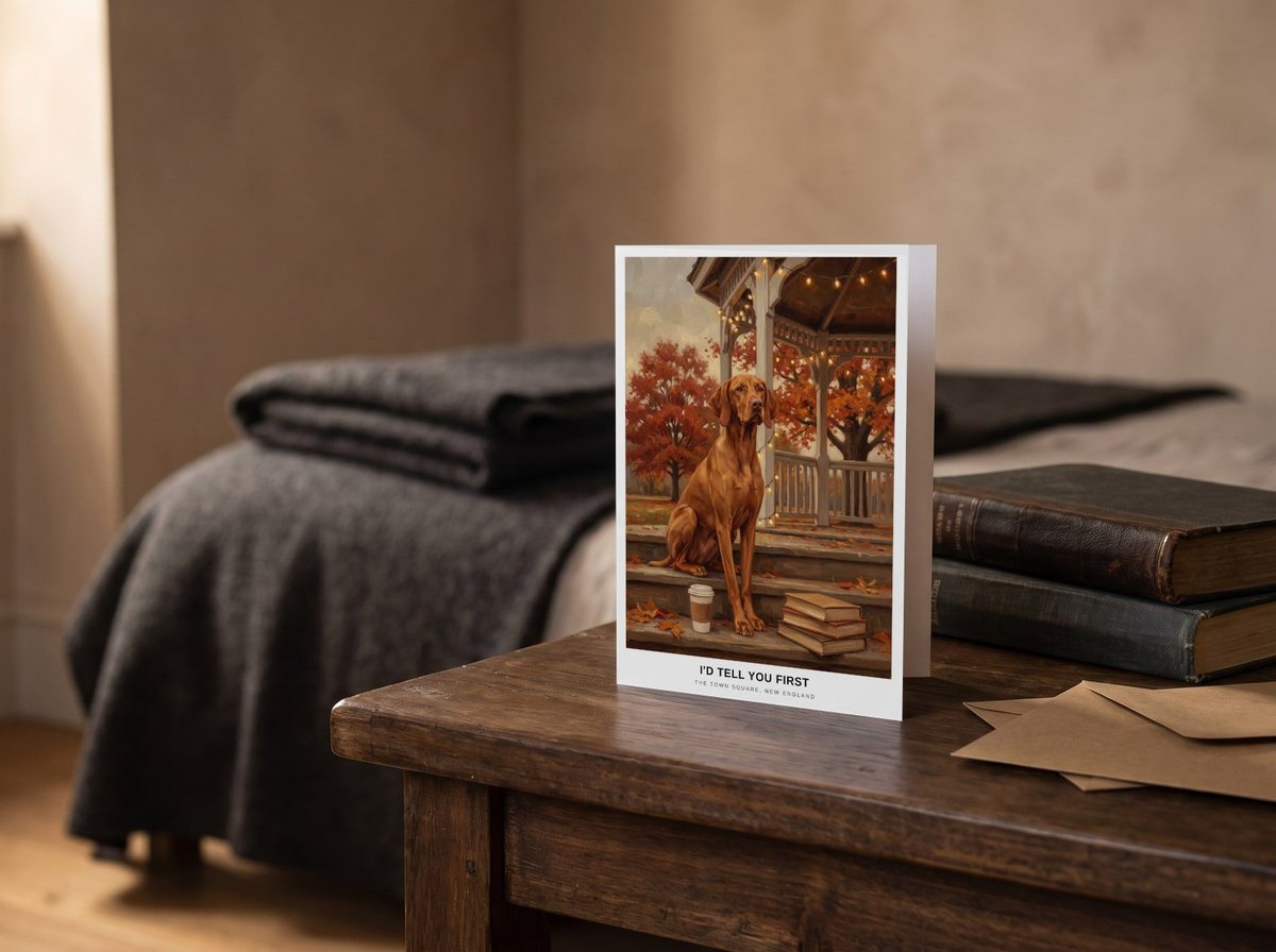 A card standing upright — on a bedside table beside two books