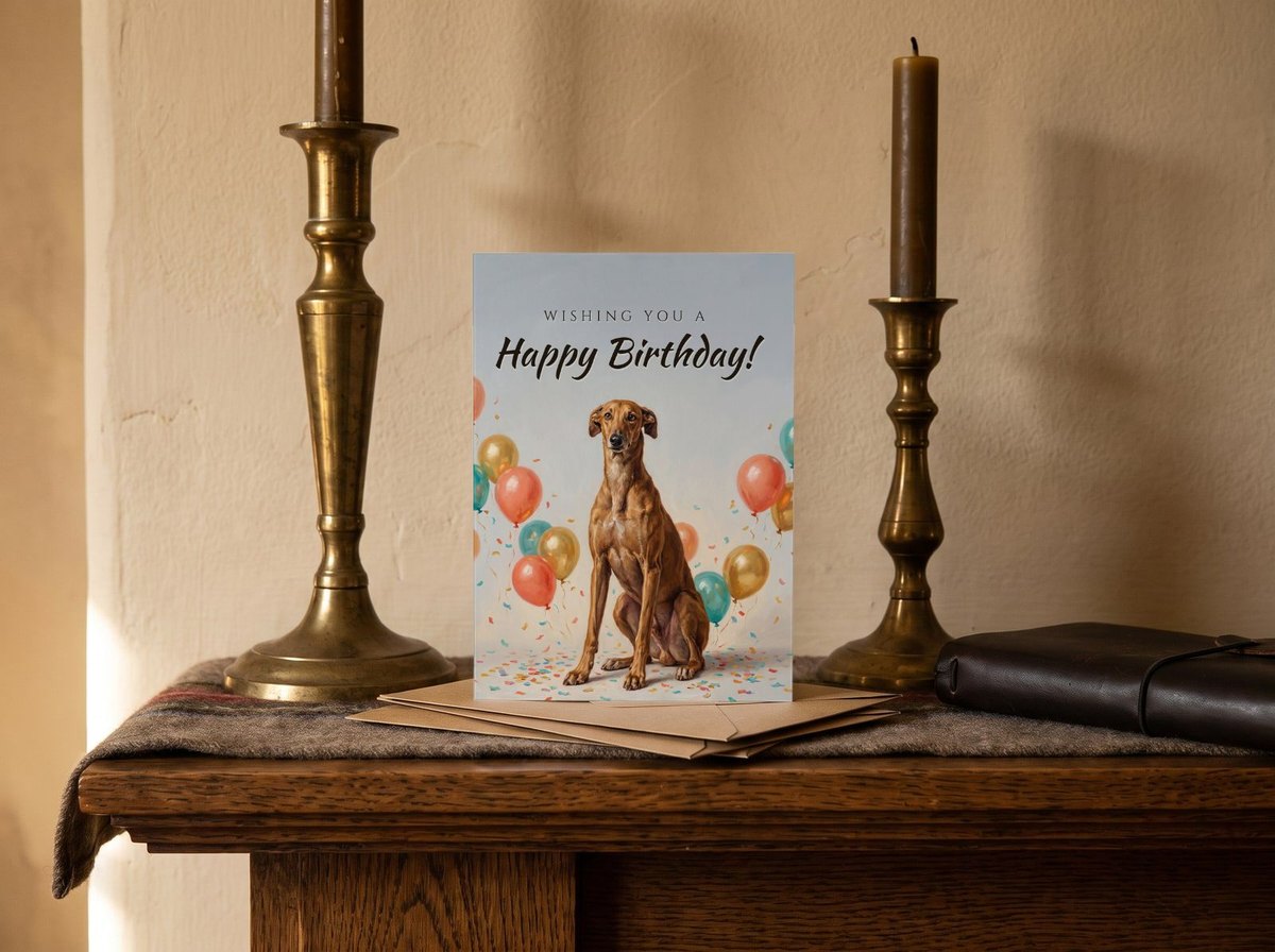 A card standing upright — on a mantel between brass candlesticks