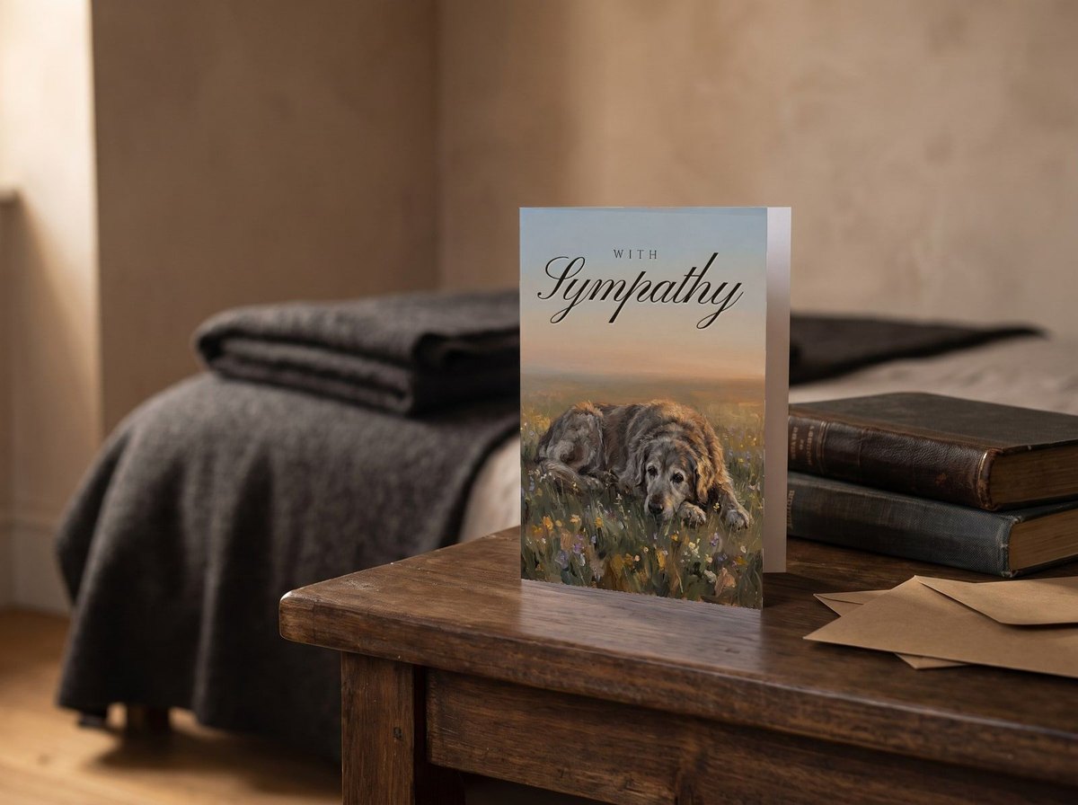A card standing upright — on a bedside table beside two books