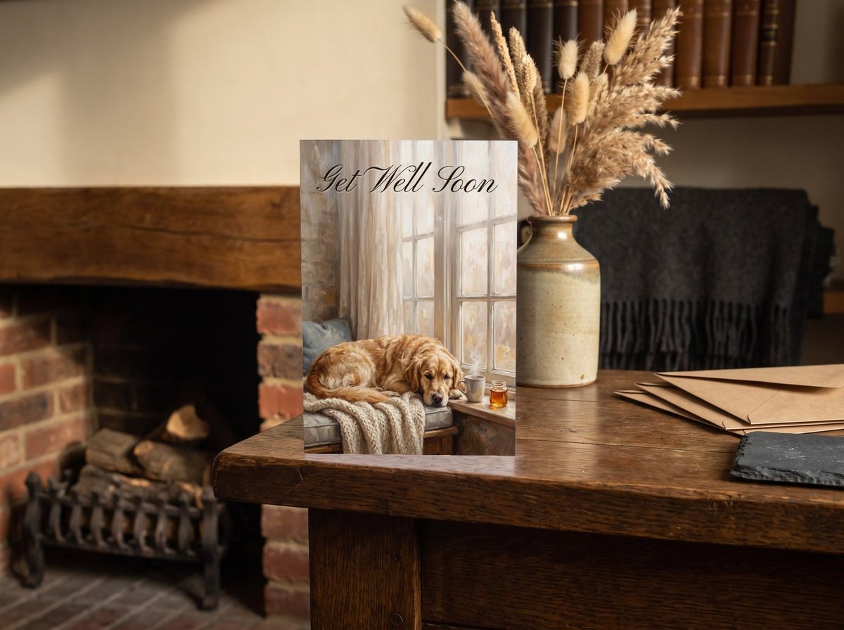 A card standing upright — on an oak mantel beside a vase of dried grasses