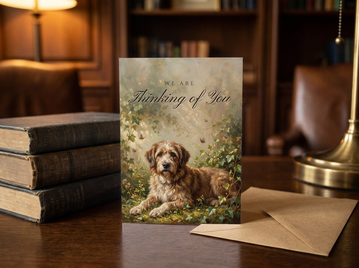 A card standing upright — on a library desk between old books and an envelope