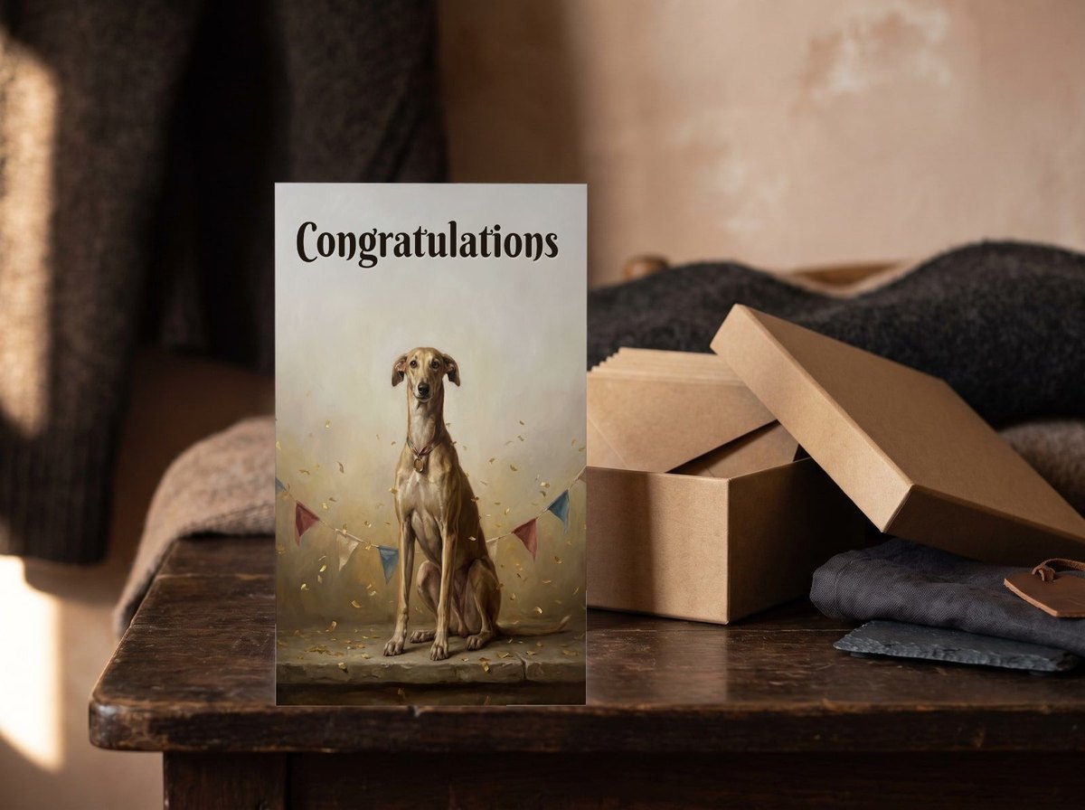 A card standing upright — in front of an open kraft box of envelopes
