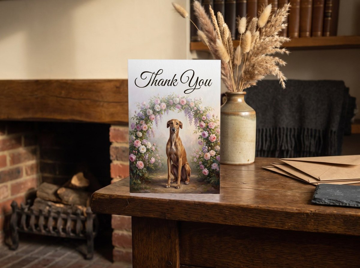 A card standing upright — on an oak mantel beside a vase of dried grasses