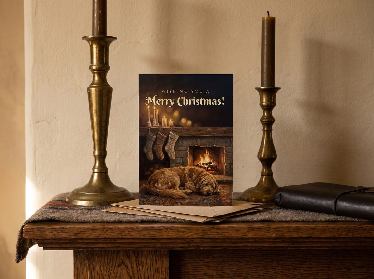A card standing upright — on a mantel between brass candlesticks