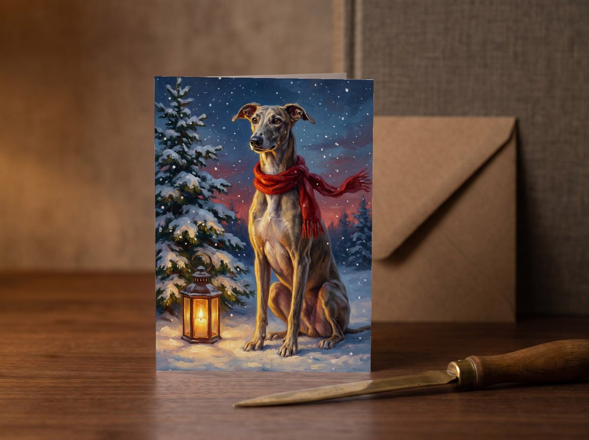 A card standing upright — on a walnut desk with one envelope leaning behind it