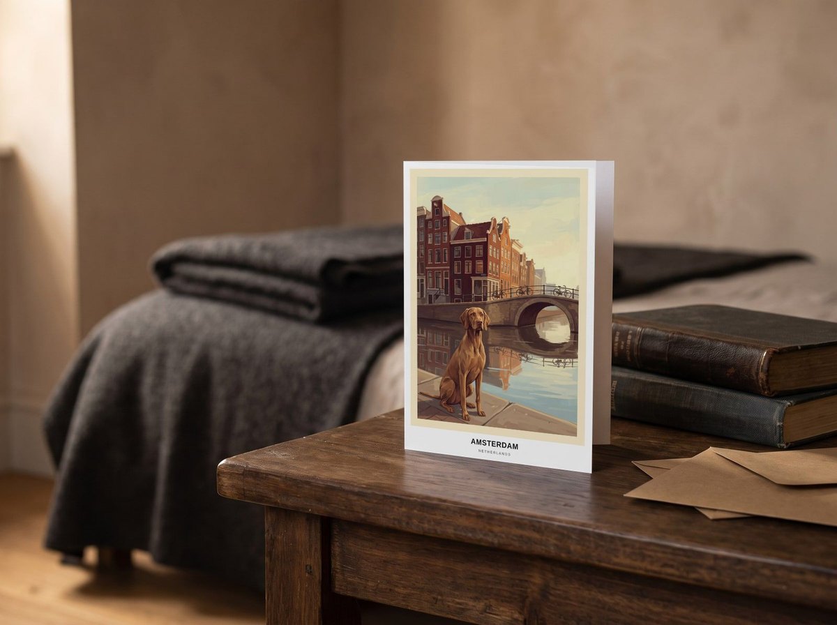 A card standing upright — on a bedside table beside two books