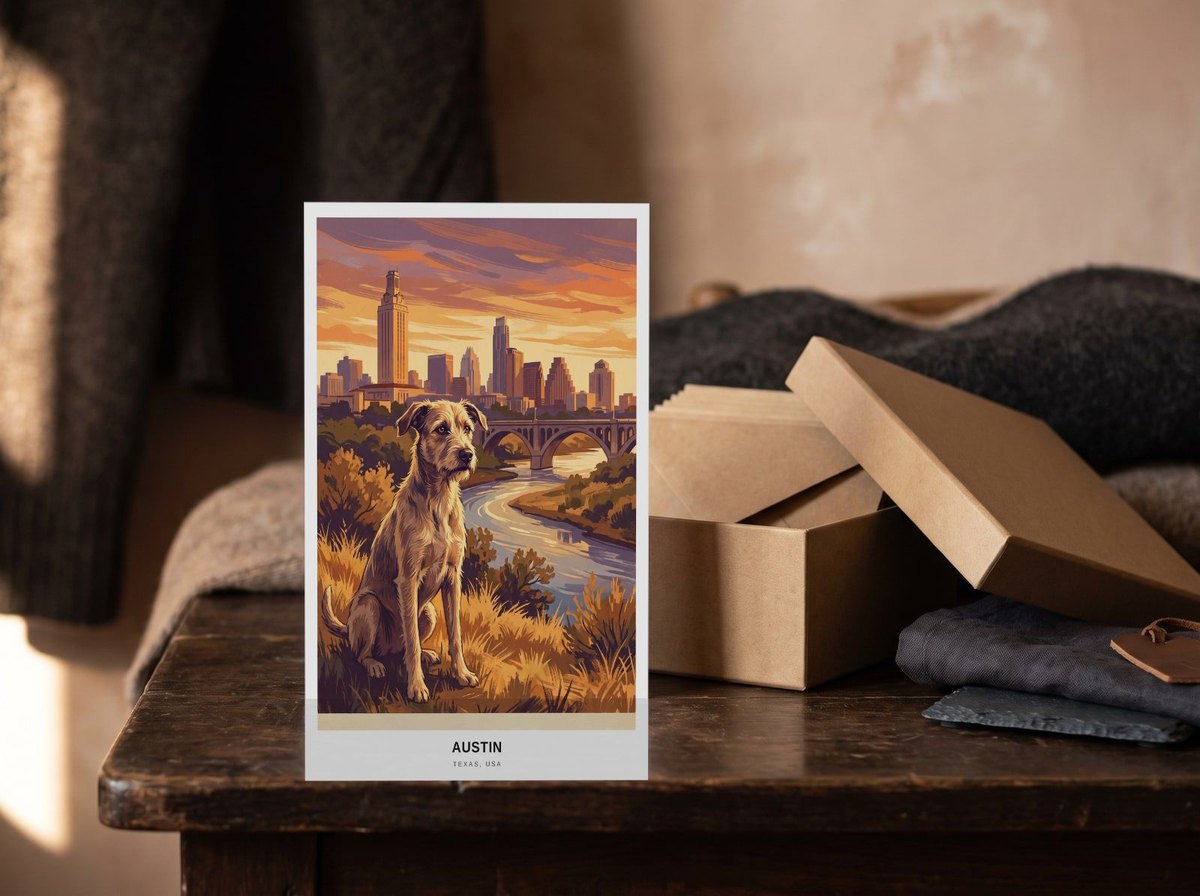 A card standing upright — in front of an open kraft box of envelopes