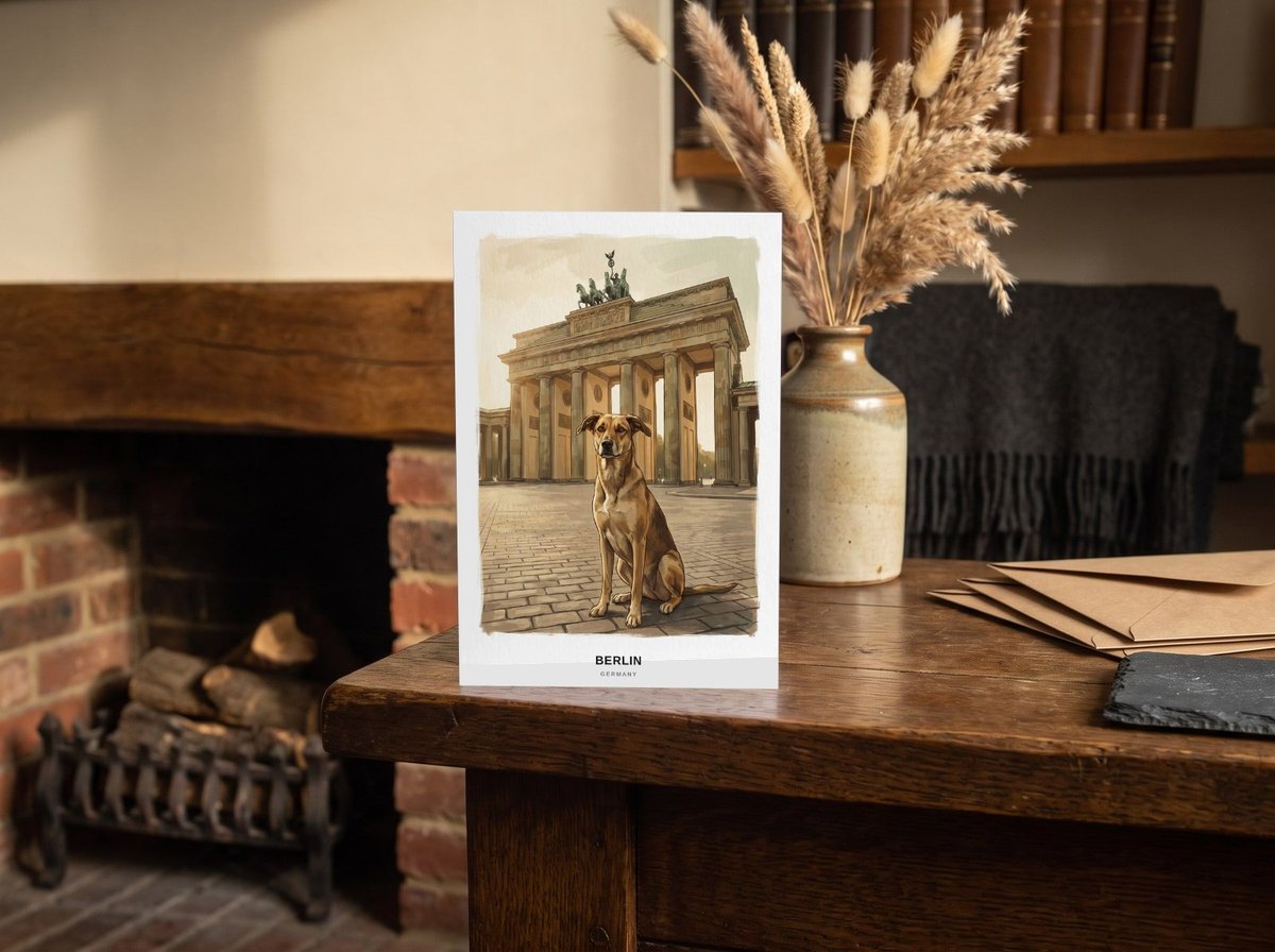 A card standing upright — on an oak mantel beside a vase of dried grasses