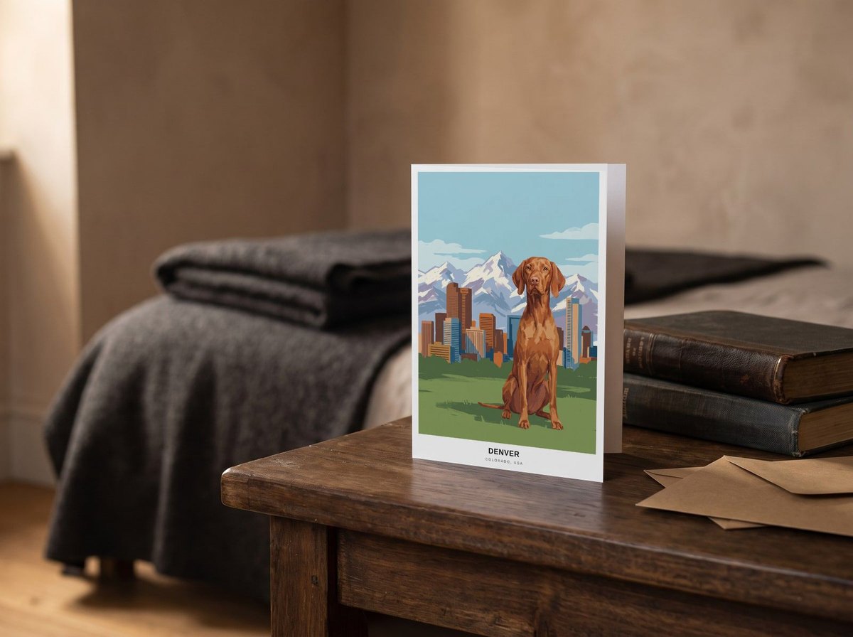 A card standing upright — on a bedside table beside two books
