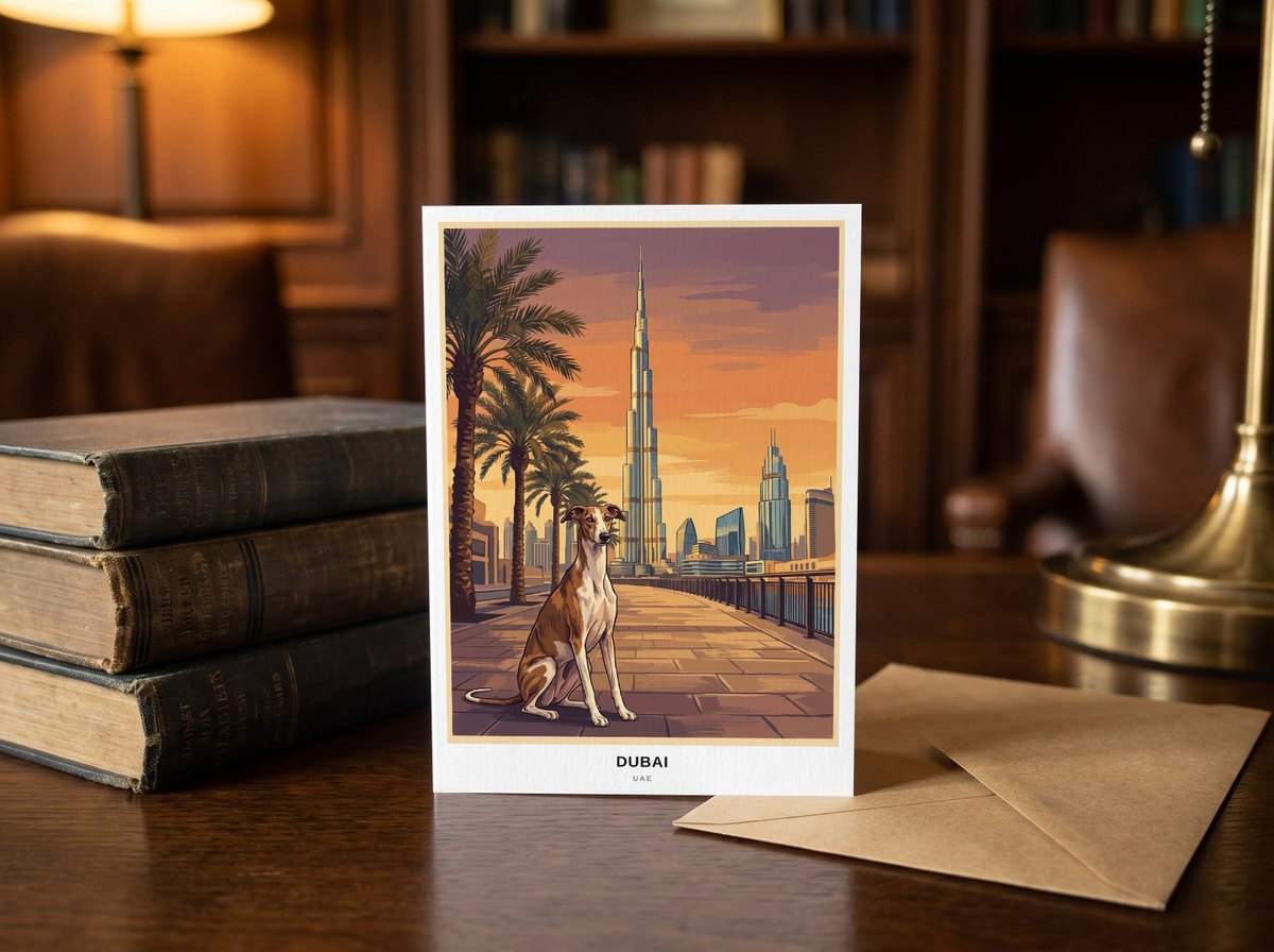 A card standing upright — on a library desk between old books and an envelope
