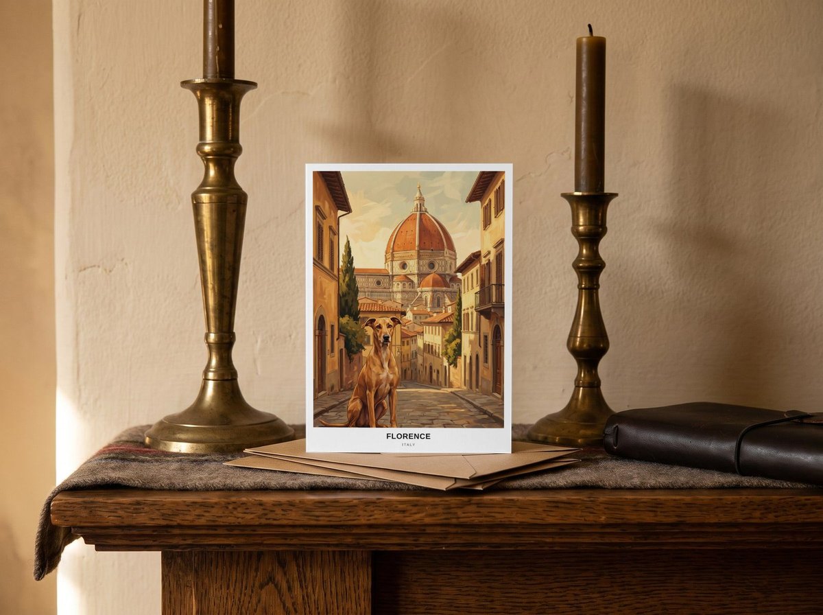 A card standing upright — on a mantel between brass candlesticks