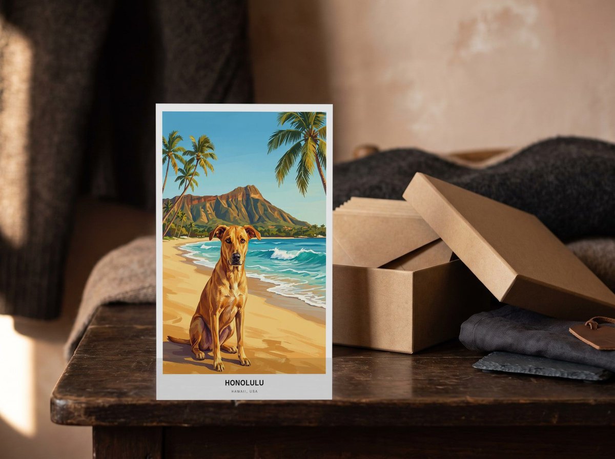 A card standing upright — in front of an open kraft box of envelopes