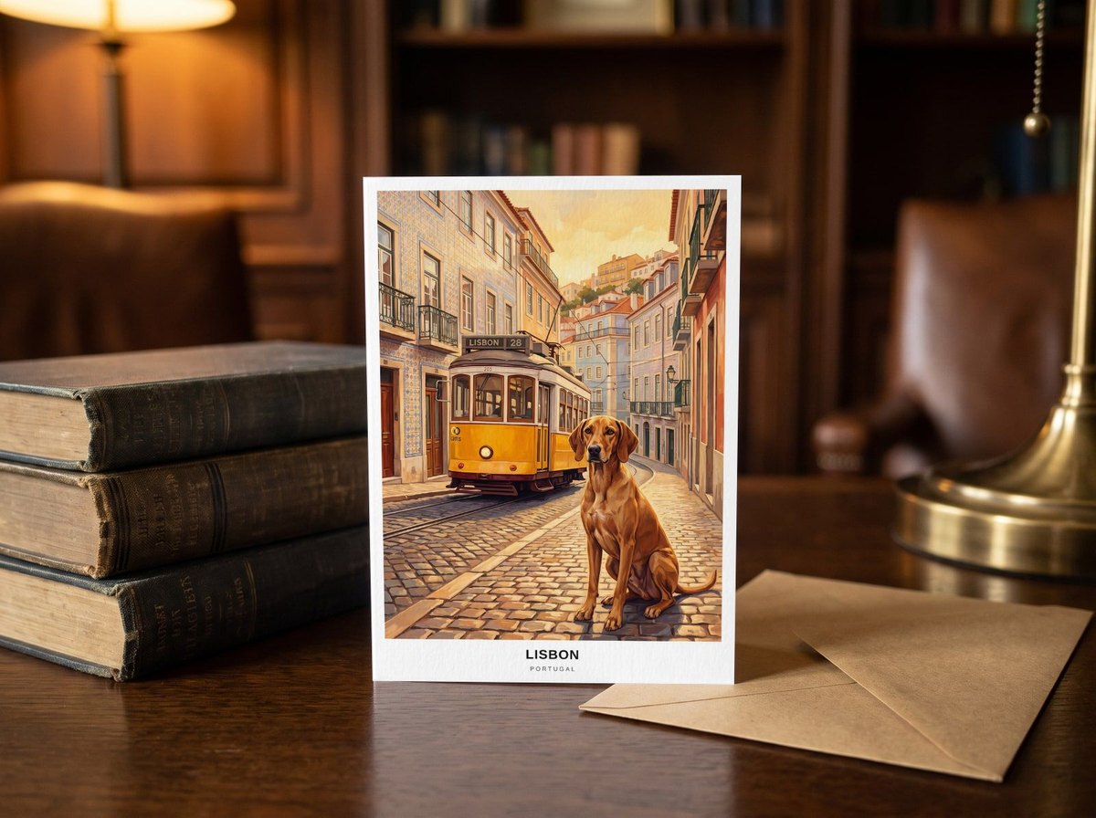 A card standing upright — on a library desk between old books and an envelope