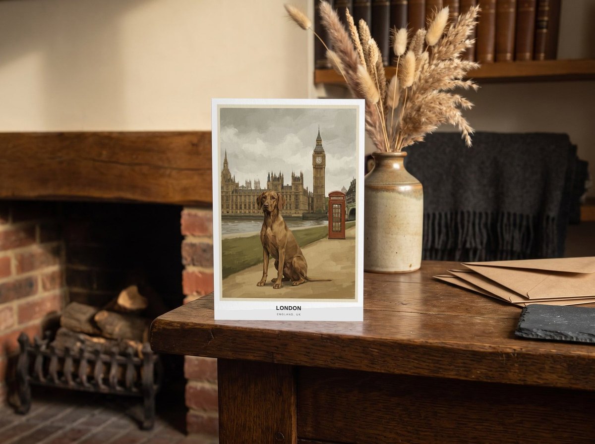 A card standing upright — on an oak mantel beside a vase of dried grasses