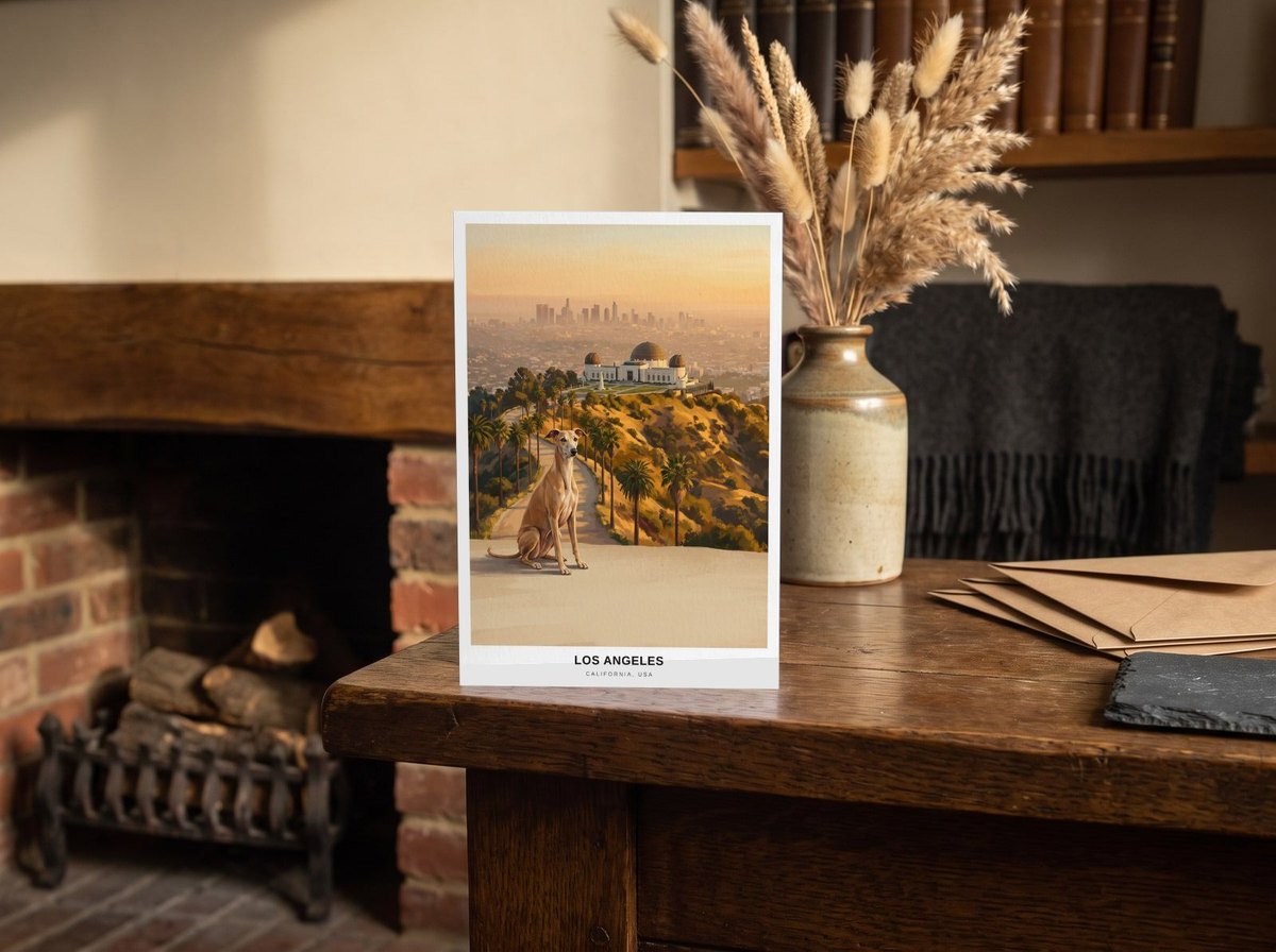 A card standing upright — on an oak mantel beside a vase of dried grasses