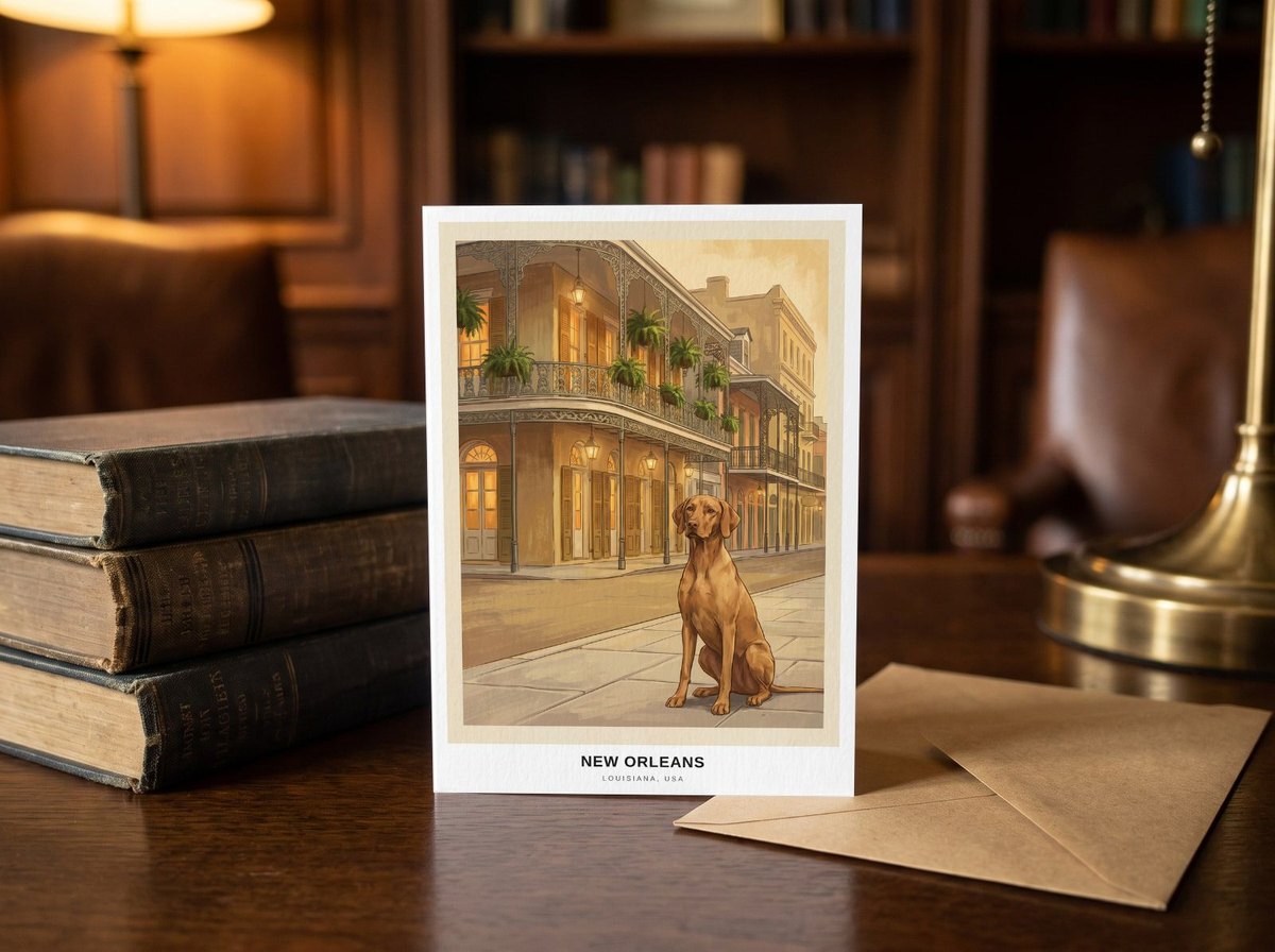 A card standing upright — on a library desk between old books and an envelope