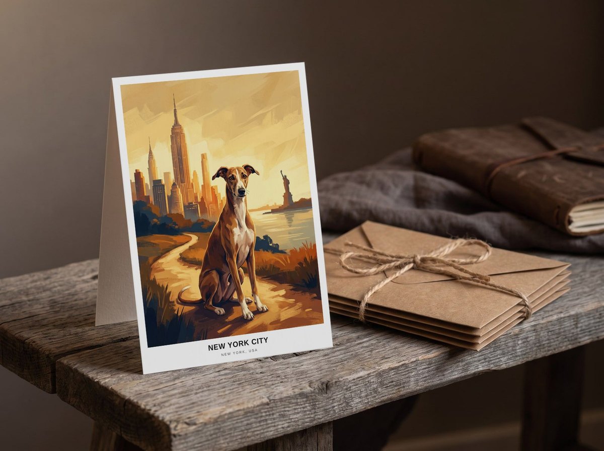 A card standing upright — beside a twine-tied bundle of kraft envelopes on a bench
