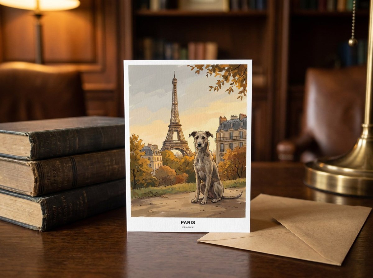 A card standing upright — on a library desk between old books and an envelope